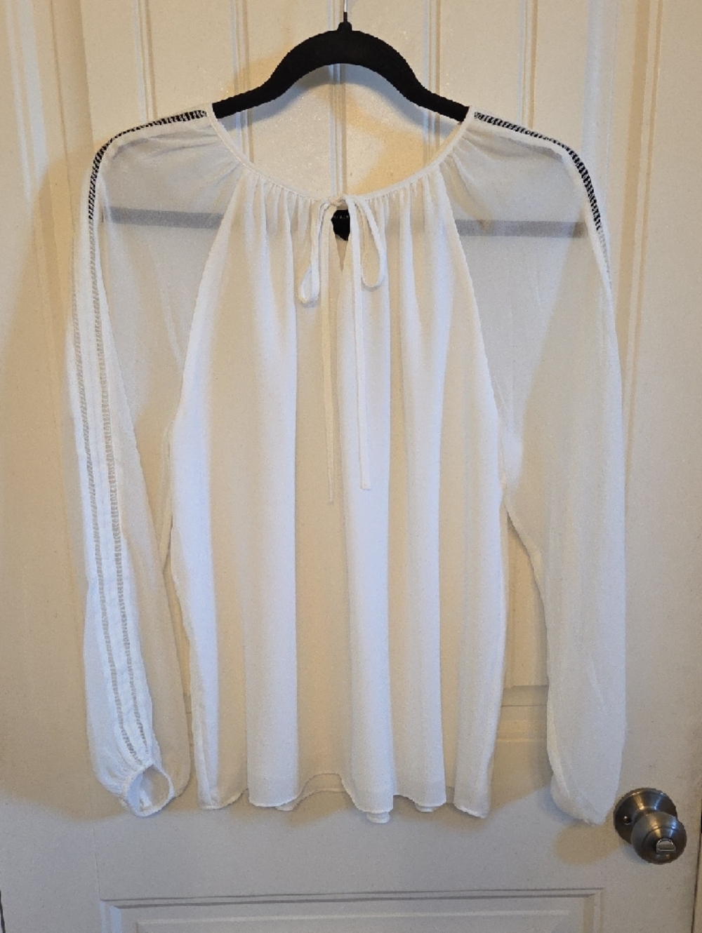 NWT White House Black Market White Tie-neck Sheer Sleeve Blouse - Picture 3 of 5